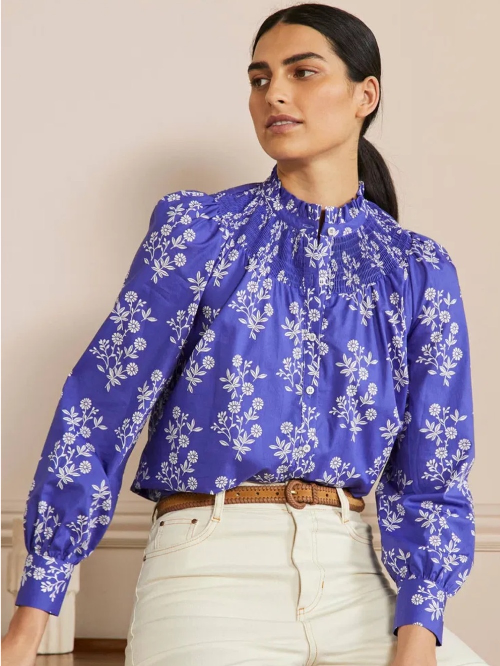Boden blue curved yoke floral print blouse in Leafy Cluster, sz 14